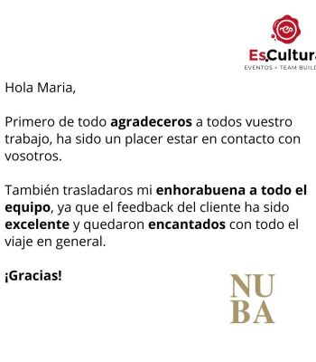 Testimonio de cliente NUBA agradeciendo la organización del evento por parte de Es.Cultura Eventos