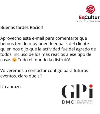 Agradecimiento de GPI DMC por la buena acogida de una actividad organizada por Es.Cultura Eventos